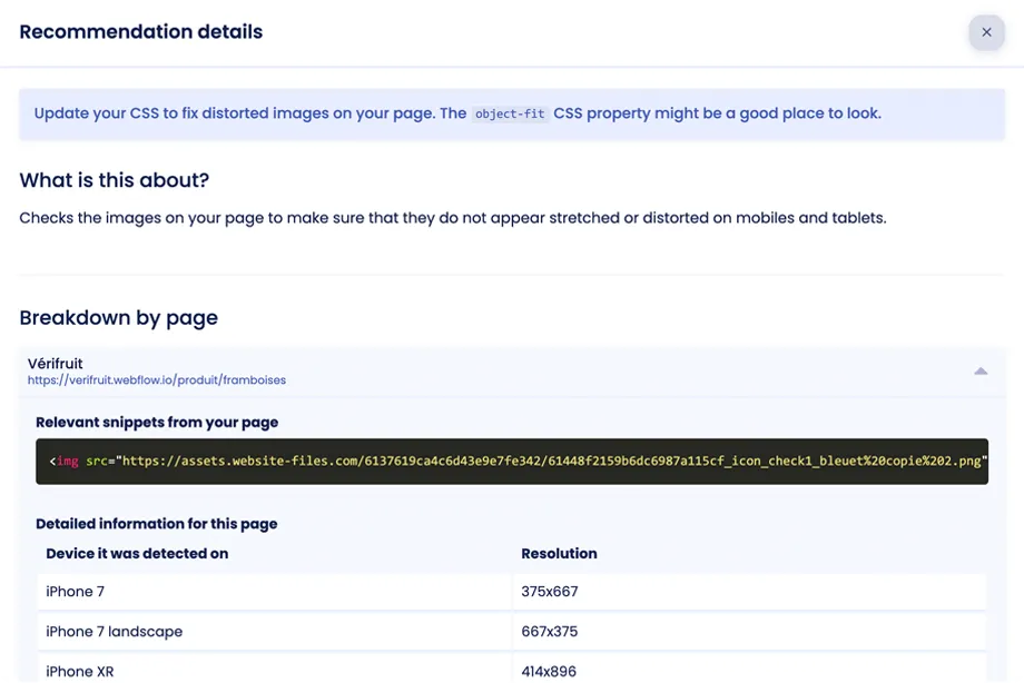 Screenshot of an error report for a distored image in Koalati's platform.