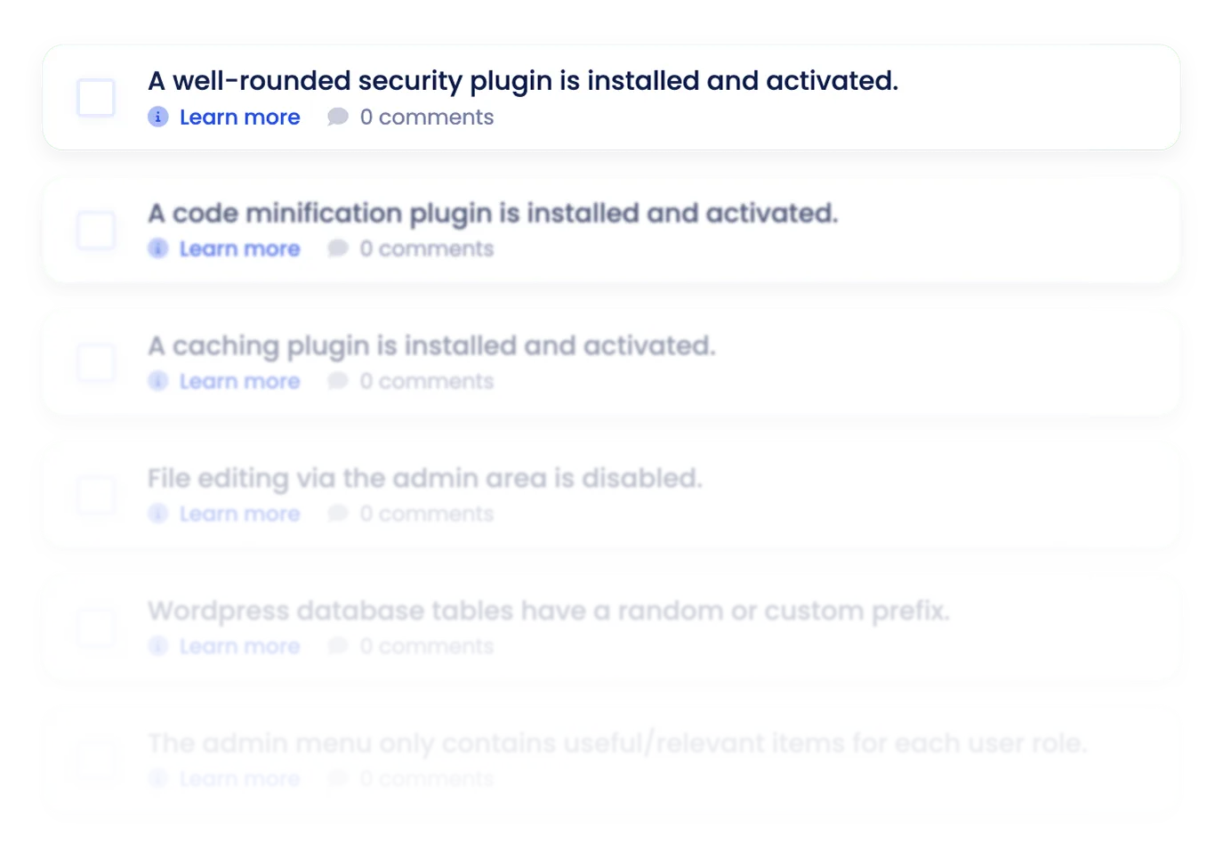 Preview of the Wordpress-specific checklist, with items like:
- A well-rounded security plugin is installed and activated.
- A code minification plugin is installed and activated.
- A caching plugin is installed and activated.
- File editing via the admin area is disabled.
- Wordpress database tables have a random or custom prefix.
... and more.