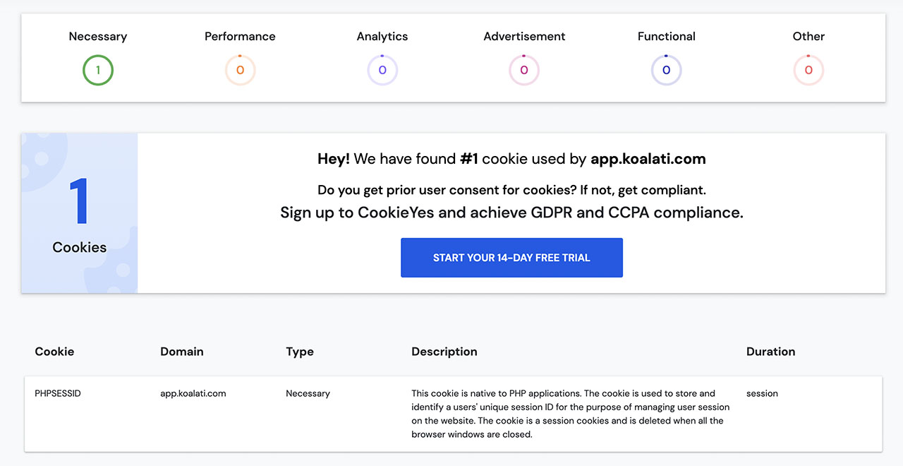 A preview of Cookieyes' cookie scanner, showing a single cookie in the Necessary category.