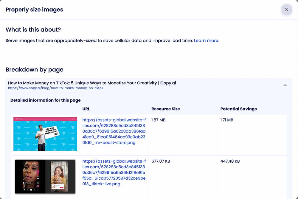 Koalati recommendation details that suggests resizing and optimizing images in blog articles, with a list of images that starts with a 1.87 MB image (of which 1.71 MB could be saved).