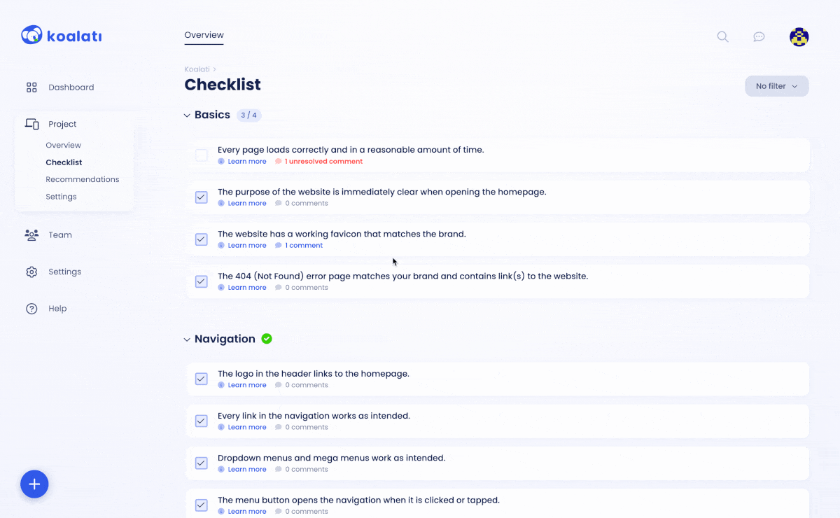 Animated GIF of Koalati's checklist showcasing the new Filters dropdown in the top right, which offers filters like Unresolved issues, Has comments, Complete and To do. When a filter is selected, the checklist is immediately updated to show only the desired tasks.