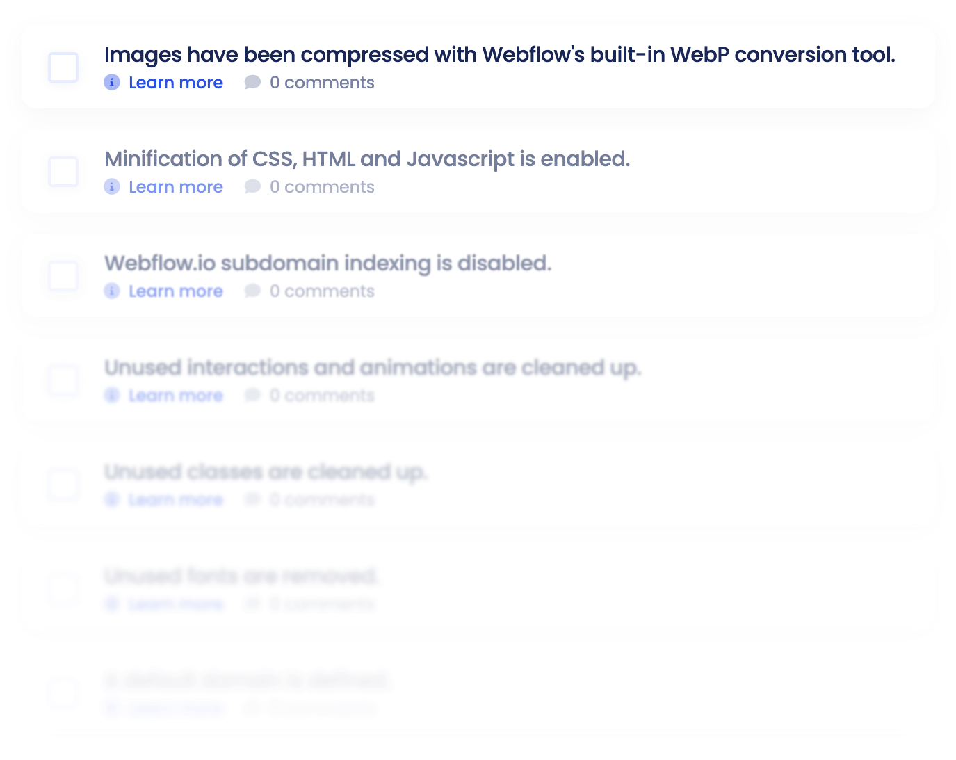 Preview of the new Webflow section in Koalati's checklist, with tasks such as: "Images have been compressed with Webflow's built-in WebP conversion tool.", "Minification of CSS, HTML and Javascript is enabled", "Webflow.io subdomain indexing is disabled.", "Unused interactions and animations are cleaned up.", "Unused classes are cleaned up", and more.