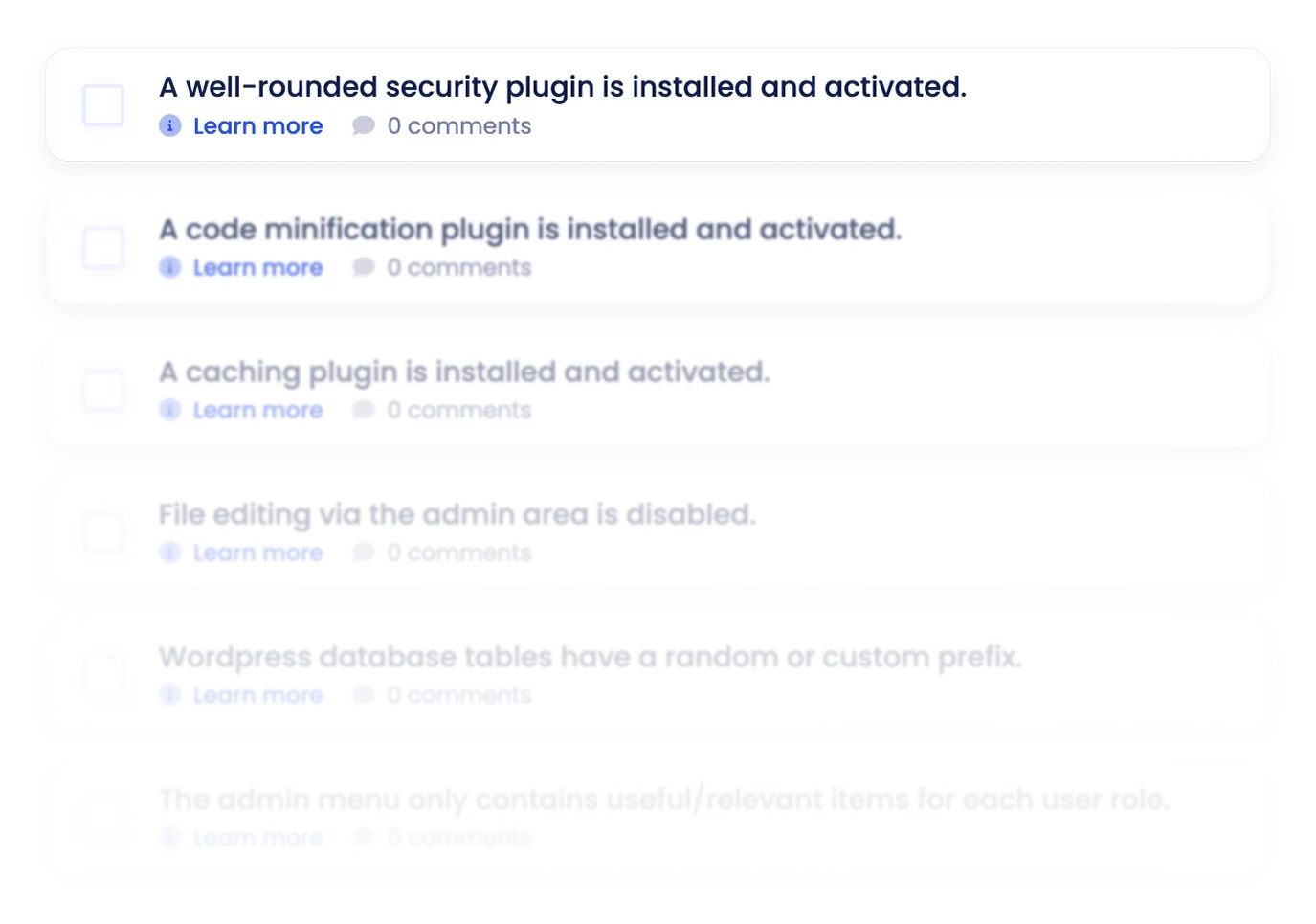 Preview of the new Wordpress section in Koalati's checklist, with tasks such as: "A well-rounded security plugin is installed and activated.", "A code minification plugin is installed and activated.", "A caching plugin is installed and activated.", "File editing via the admin area is disabled.", "Wordpress database tables have a random or custom prefix.", and more.