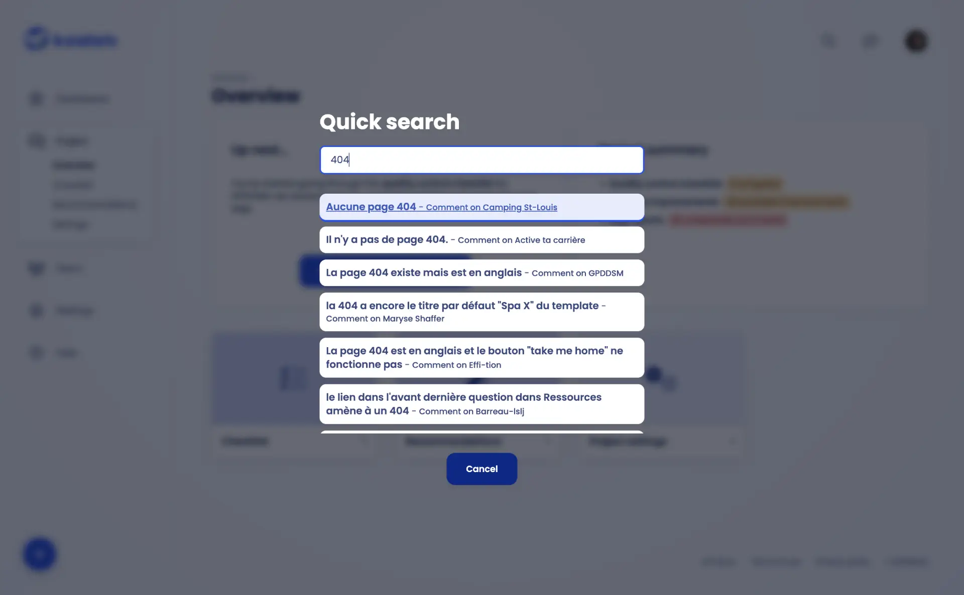 Quick Search overlay in the Koalati app. The user has typed 404 in the search bar, and the results show a list of comments about missing or problematic 404 pages on various projects.