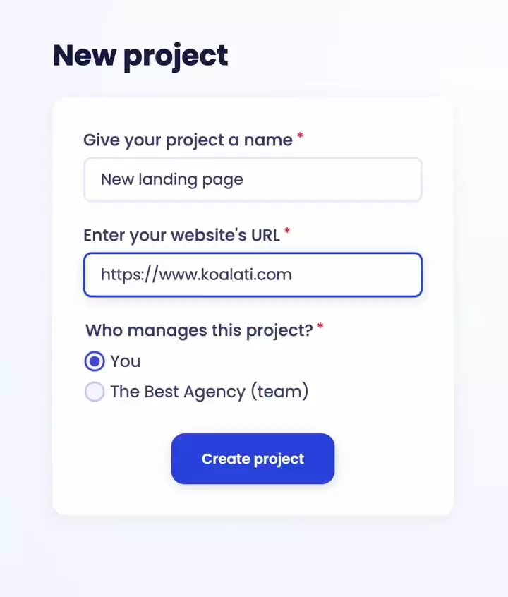 Screen recording of the project creation process in which the user adds '/landing' to the end of their project URL, to scope the project to this specific page.